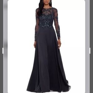 XSCAPE Women's Sequin Embellished Long Sleeve Boat Neck Chiffon Gown in Charcoal